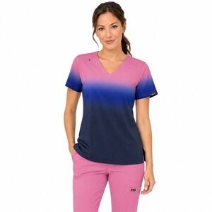 Koi Lite Scrub Top Womens Medium Pink Blue Ombre Dobby Slim Fit V-Neck